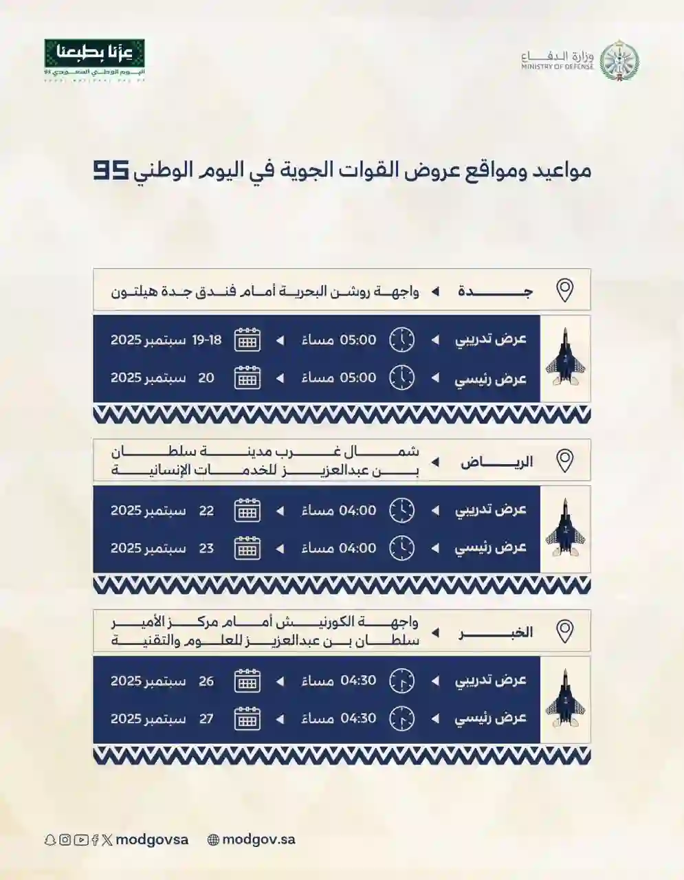 مواعيد وأماكن العروض الجوية لسلاح الجو الملكي السعودي بمناسبة اليوم الوطني 95